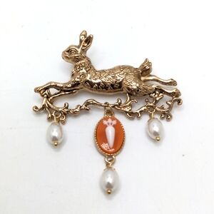 Vintage Gold Rabbit Brooch with Orange Cameo and Pearl Drops